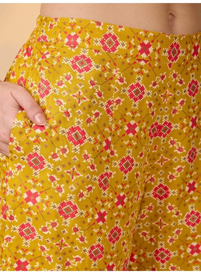 globus Mustard Globus Women Mustard Embroidered & Mirror Work Yoke Ethnic Print Kurti With Palazzos Festive Co-Ord Set for Women | Best Price UAE